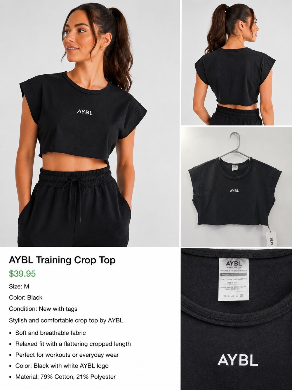 AYBL Women's Black Training Crop Top SIZE M